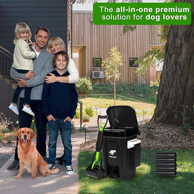Dog Poop Trash Can Outside with Foldable Pooper Scooper, 20L/5Gallon Dog Waste Trash Can with Lid and 100 Bags, Pedal and Removable Inner Waste Bin, Black
