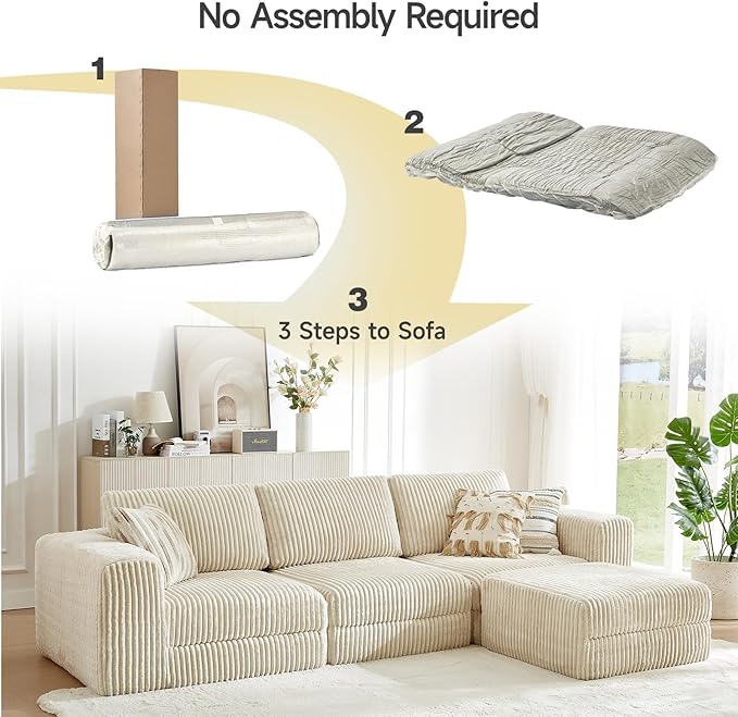 ONBRILL 110" Modular Sectional Sofa,L Shaped Couch 4 Seater with Sleeper Chaise,Upholstered Corduroy Couches for Living Room,Bedroom,No Assembly,Beige