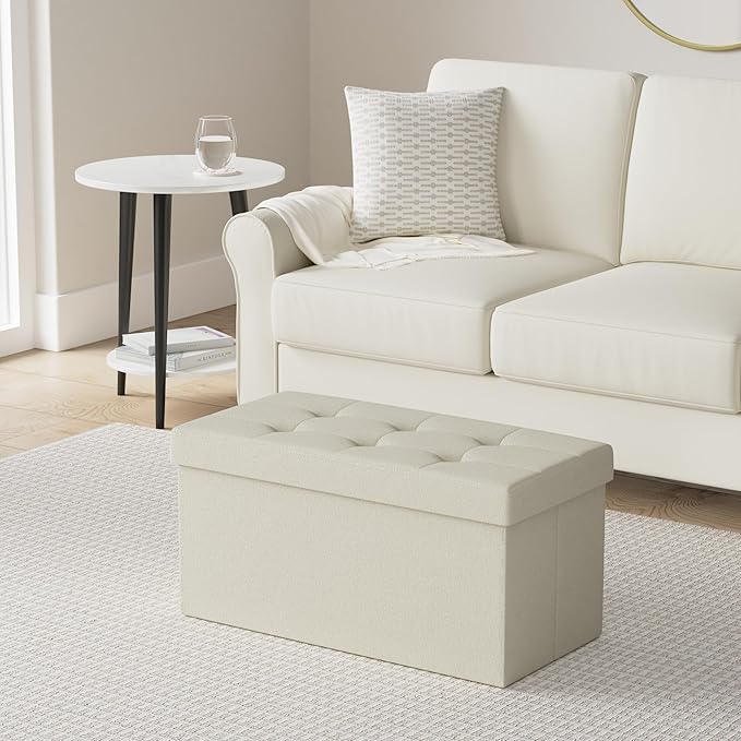 SONGMICS MAZIE Collection - 30 Inches Folding Storage Ottoman Bench, Ottoman Foot Rest, End of Bed Bench, Storage Chest, Load 660 lb, for Living Room, Bedroom, Entryway, Cream White ULSF47BE