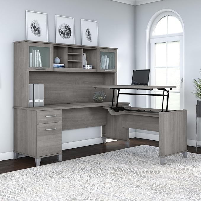 Bush Furniture Somerset 72W 3 Position Sit to Stand L Shaped Desk with Hutch in Platinum Gray | Adjustable Height Table for Office