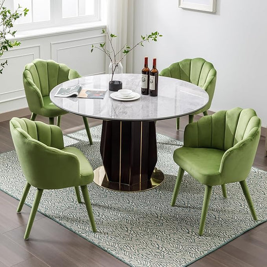Velvet Dining Chairs Set of 4 Modern Living Room Chairs with Petal Back & Wood Legs Comfy Upholstered Side Chair for Dining Room/Bedroom/Vanity, Olive