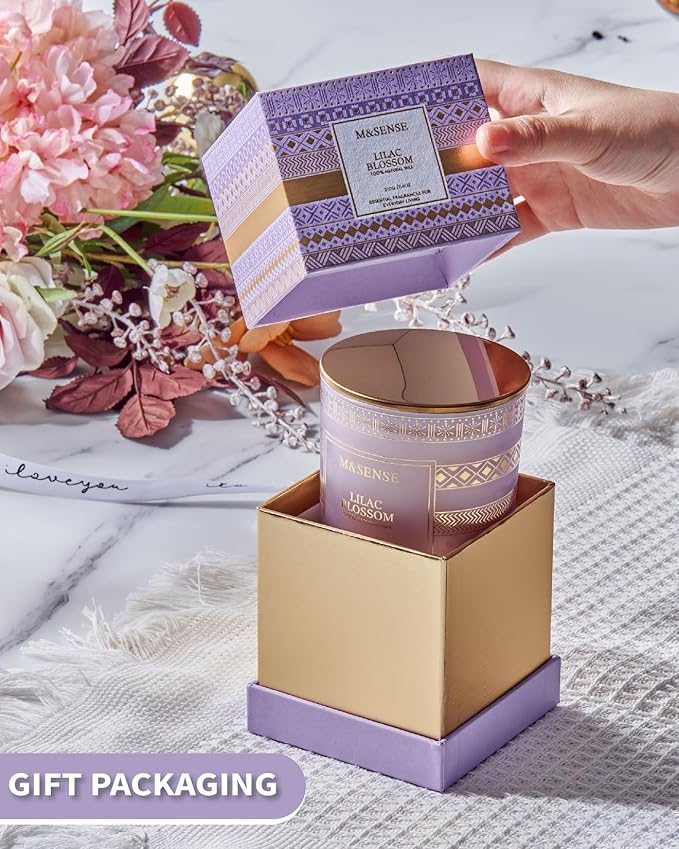 M&SENSE Lilac Blossom Soy Candles for Home Scented, 7.4oz 45 Hour Long Burning Aromatherapy Candle for Stress Relief Meditation Yoga Relaxing SPA, Christmas Thanksgiving Halloween Gifts for Her