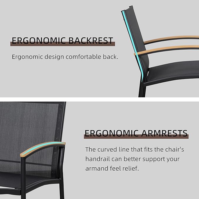 Shintenchi 3 Pieces Patio Bistro Sets, Outdoor Textilene Fabric Conversation Bistro Set, Textilene Fabric Front Porch Chairs Small Patio Furniture Set with Table for Lawn,Garden,Balcony (Black)