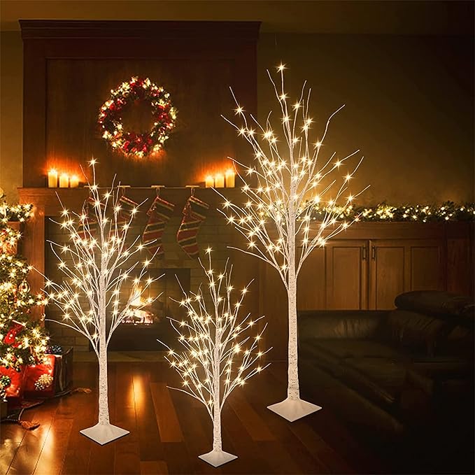 Lighted Birch Trees, 4FT 5FT 6FT(48 56 96LED) Pre-lit Birch Tree with Warm White, Artificial Birch Tree Outdoor/Indoor Christmas Easter Tree for Wedding Party Christmas Decoration -3PC