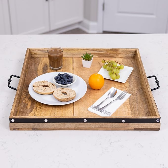 24"x24" Extra Large Square Ottoman Tray, Heavy Duty Mango Wood, for Serving Tea, Breakfast in Bed, Living Room Large Coffee Table Tray Rustic with Farmhouse Style, Decorative Handles and Accent Strap