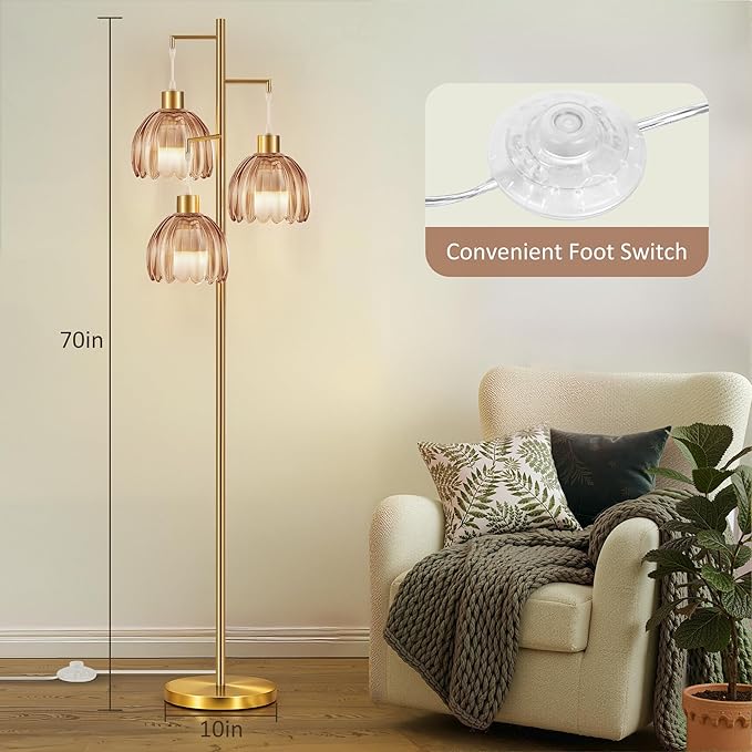 COTTHOS Floor Lamp for Living Room, Modern Standing Lamp Brass Glass Green Tree 3 Light Tall Floor Lamps for Bedroom & 800 Lumens LED Bulbs, Vintage Flower Lamp Shade Farmhouse Boho Bohemian Gold