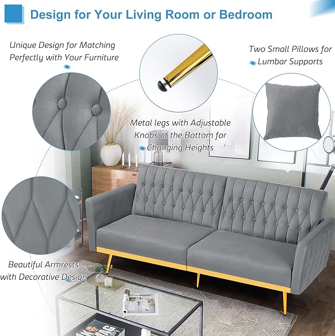 70” Velvet Futon Sofa Bed with 2 Pillows and Adjustable Armrests, Convertible Sleeper Bed W/Adjustable Backrests, Modern Loveseat for Living Room, Bedroom, Light Grey