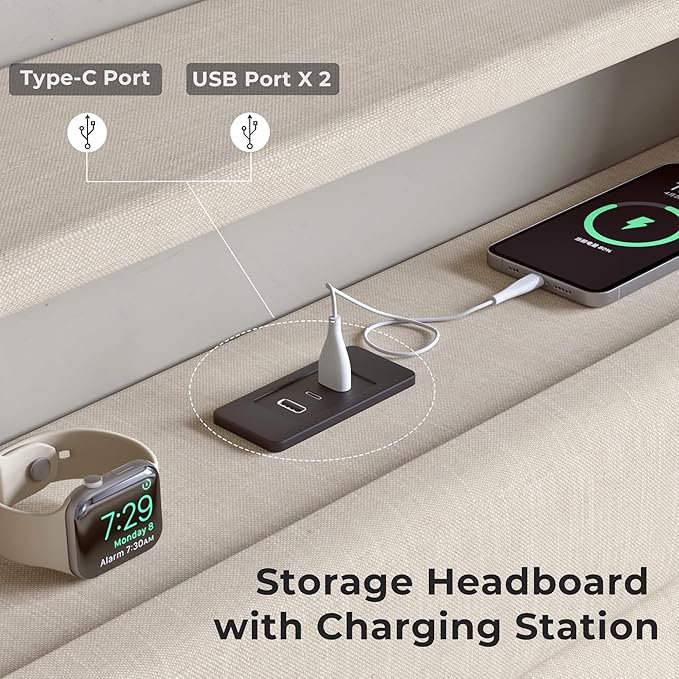 King Size Bed Frames with Upholstered Headboard, Modern Platform Bed with Charging Station and Led Lights, Bed Frame with Sturdy Wooden Slats/No Box Spring Needed/2-Tier Storage, Beige