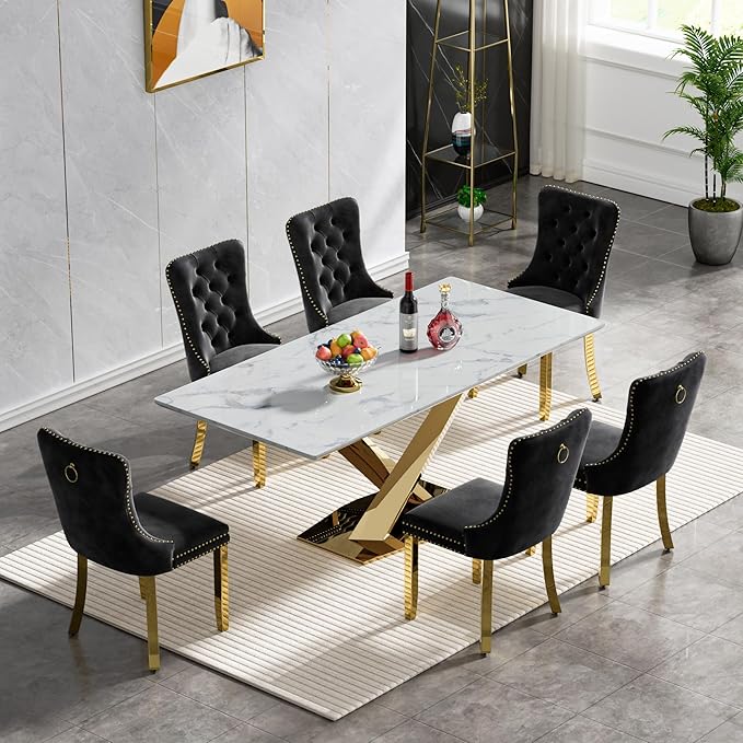 70" Faux Marble Dining Table Set for 6, 7-Piece Dining Set with White Gold Kitchen Table and 6 Velvet Tufted Chairs, Modern Rectangular Dining Room Table with X-Shape Stainless Steel Base