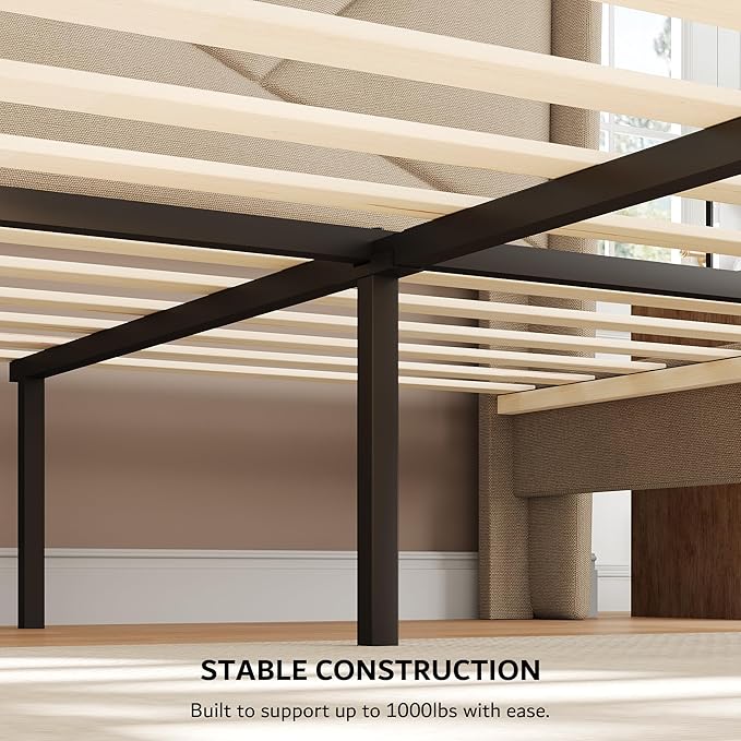 iPormis Queen Size Bed Frame with Charging Station, Linen Platform Bed Frame with Wingback Upholstered Headboard, Solid Wood Slats Support, No Box Spring Needed, Easy Assembly, Beige