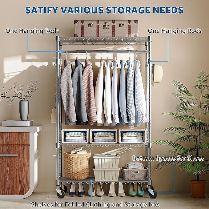 Heavy Duty Rolling Garment Rack 3 Tiers Adjustable Wire Shelving Clothes Rack with Rods and Side Hooks,Storage Closet Clothing Rack with Wheels Chrome 15.7" D x 29.5" W x 74.5" H