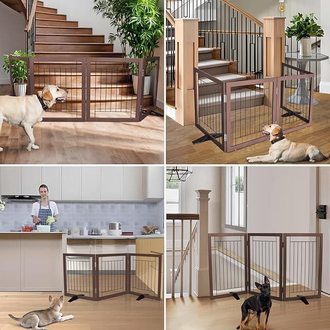 ZJSF Freestanding Dog Gate Indoor, Foldable Dog Fence for Doorways,Hallways or Stairs, Sturdy Wood Extra Wide Pet Gate with Support Feet,Brown,32 "Height-6 Panels
