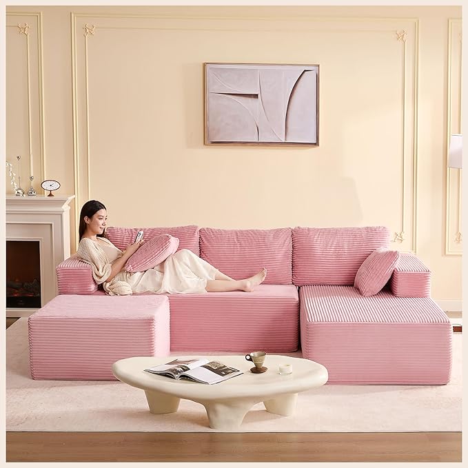 107" Boneless Couch with Deep Seat, Modular Sectional Sofa, Cloud Sectional Couch for Living Room, No Assembly Required, Corduroy, U-Shape 3 Seater Right, Pink