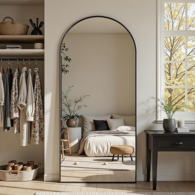 Full Length Mirror, 71"x32" Arched Full Body Mirror, Floor Mirrors with Stand, Body Mirrors Standing Hanging Leaning Against Wall,Aluminum Frame Mirrors for Bedroom Cloakroom,Living Room,Black