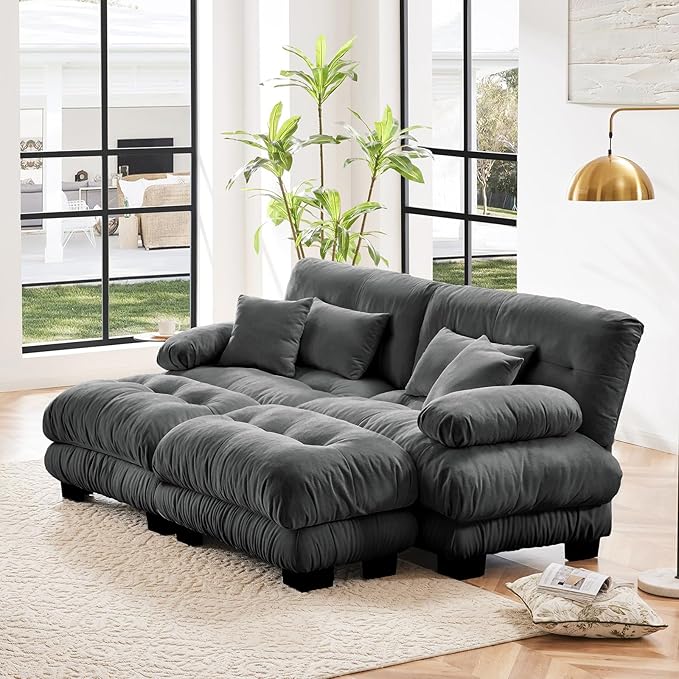 94.4" Loveseat Sofa, 2 Seater Modular Sectional Sofa, Grey Large U Shaped Sectional Couches, Fluffy Chenille Cloud Couch with Ottoman, Deep Seat for Living Room