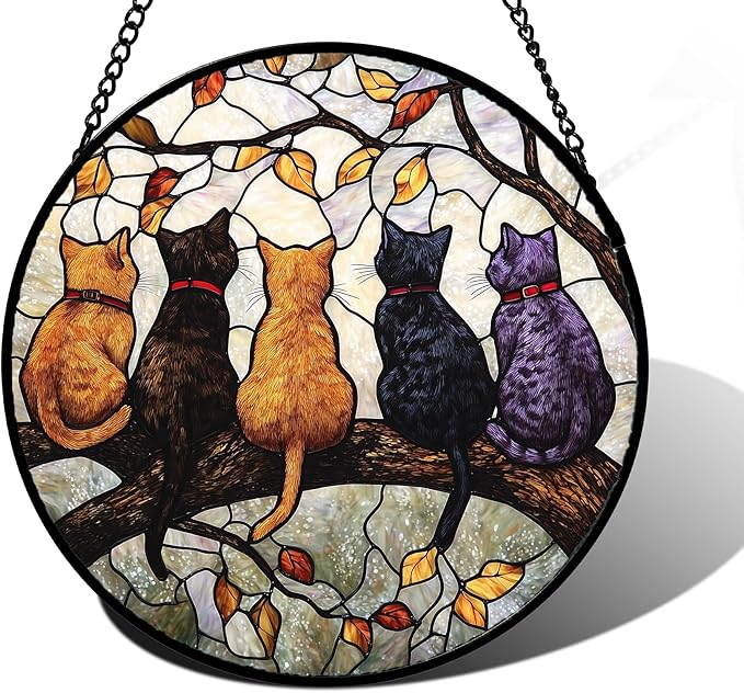 Stained Glass Window Hanging - 5 Cats on a Branch Suncatcher for Window Doors Home Decoration and Christmas, Mother's Day Father's Day Birthday Gifts for Women, Men, and Mom 7.8x7.8 in