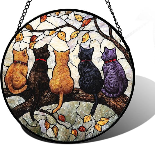 Stained Glass Window Hanging - 5 Cats on a Branch Suncatcher for Window Doors Home Decoration and Christmas, Mother's Day Father's Day Birthday Gifts for Women, Men, and Mom 6.3x6.3 in