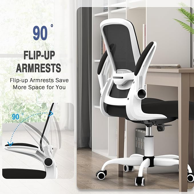 Mimoglad Ergonomic Office Chair - BIFMA Certified, Flip-up Armrests & 135° Recline, Adjustable Lumbar Support - Space-Saving Task Chair for Business/Team Office & Home (White Frame-Black, 300lbs)