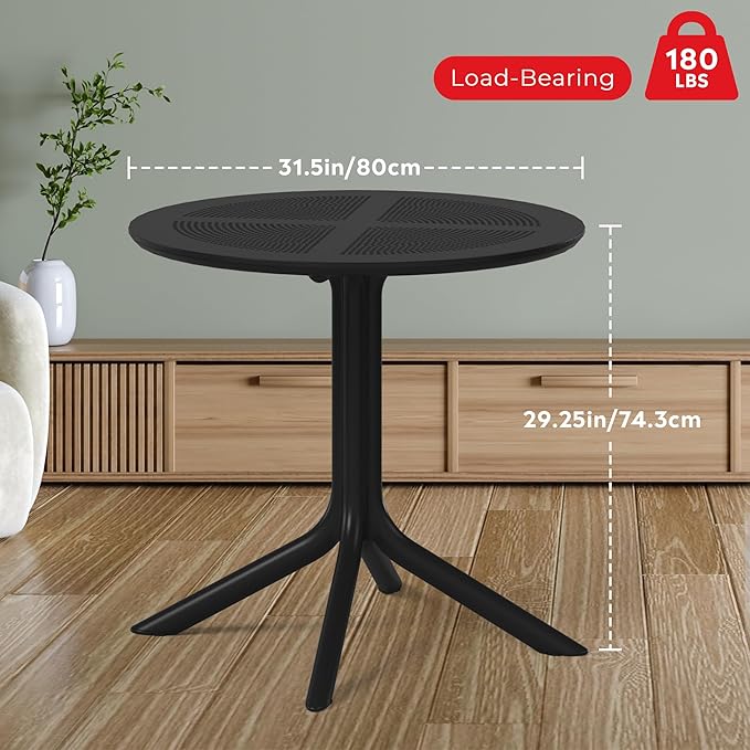 Costaelm Small Patio Table, Outdoor Round Dining Table, Weather Resistant Outside Table for Poolside Deck Lawn Garden Backyard, Black