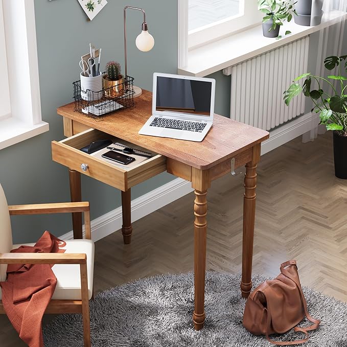 32 Inch Mid Century Modern Desk - Rubber Wood Desk with Drawers, Vintage Narrow Desks with 2 Hooks, Small Writing Desks for Small Spaces, Bedroom, Living Room & Office, Walnut Color