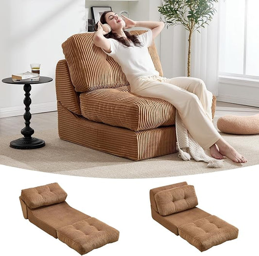 Tbfit Folding Sofa Bed, Convertible Sleeper Chair with Large Pillow, Corduroy Folding Couch Bed, Portable & Foldable Mattress Boneless Floor Sofa for Living Room, Bedroom, Office, Brown, Single
