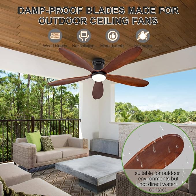 52 Inch Ceiling Fans with Lights and Remote, Low Profile Flush Mount Modern Wood Ceiling Fan with Light, 5 Blades, Dimmable, Wall Switch, Indoor Outdoor Black Ceiling Fan for Bedroom