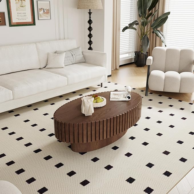 Fluted Coffee Table 43.3" Oval Wood Coffee Tables Modern Handcraft Drum Coffee Table with Solid Wood Relief Sturdy Pedestal Accent Table for Living Room Home Office (Dark Brown)