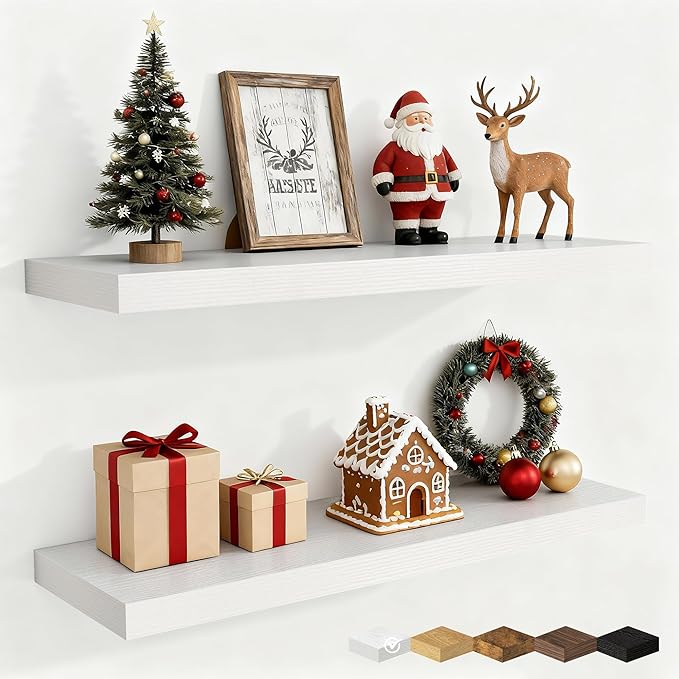 Fun Memories 32 Inch Floating Shelves for Wall, 9 Inch Deep White Rustic Wood Wall Mounted Shelves for Bathroom, Bedroom, Living Room, Set of 2