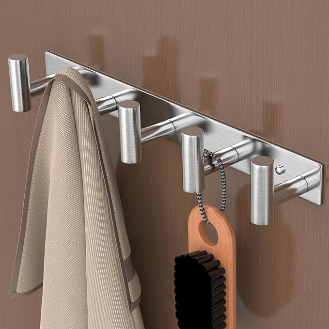 HUFEEOH Silver Coat Hooks Wall Mount, T Shaped 5 Hooks Stainless Steel Wall Hooks Towel Rack for Hanging, Heavy Duty Key Holder Hat Rack Used for Bathroom