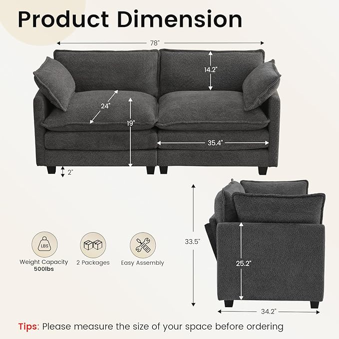 ROWHY Modular Loveseat Sectional Sofa, 78" Upholstered Loveseat, 2 Deep Seat Sofa Couch with 2 Throw Pillows for Small Space, Modern Comfy Cloud Couch for Living Room, Chenille, Charcoal Grey
