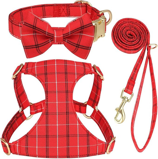 Beirui Cute Small Dog Harness Collar and Leash Set with Bowtie, Soft Adjustable Plaid Puppy Harness for Small Sized Dogs Cats Walks Parties and Photoshoots(Red,S:Chest 17-23")