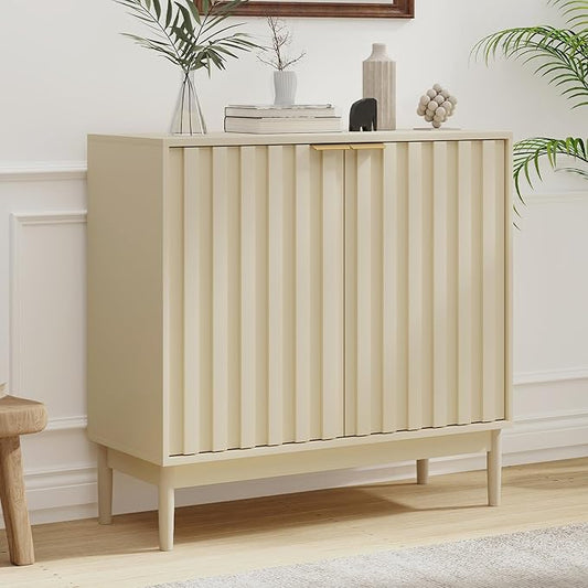 Fluted Sideboard with Storage, Buffet Cabinet Sideborad with Door, Kitchen Buffet Storage Accent Cabinets with Adjustable Shelves for Living Room, Entry, Hallway, Beige