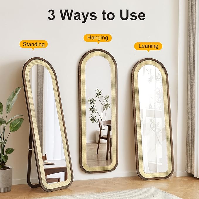 Arched Full Length Mirror with Solid Wood Frame & Rattan Panel, 64"x21" Rustic Wall Mounted Floor Mirror - Free Standing, Leaning Against Wall, Wall-Mounted for Bedroom Living Room (Brown)