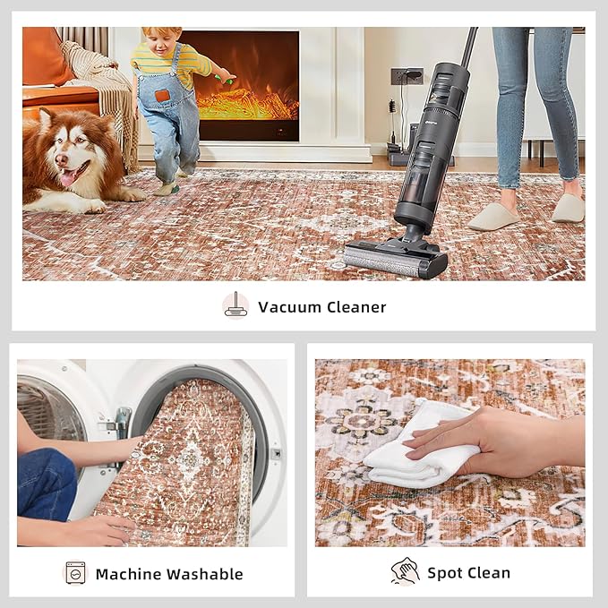 8x10 Rugs for Bedroom, Vintage Washable Rugs Non Slip Large Area Rug for Living Room Dining Room Office, Floor Decoration Big Carpet Low-Pile Kid & Pet Friendly(Border Brick Red)