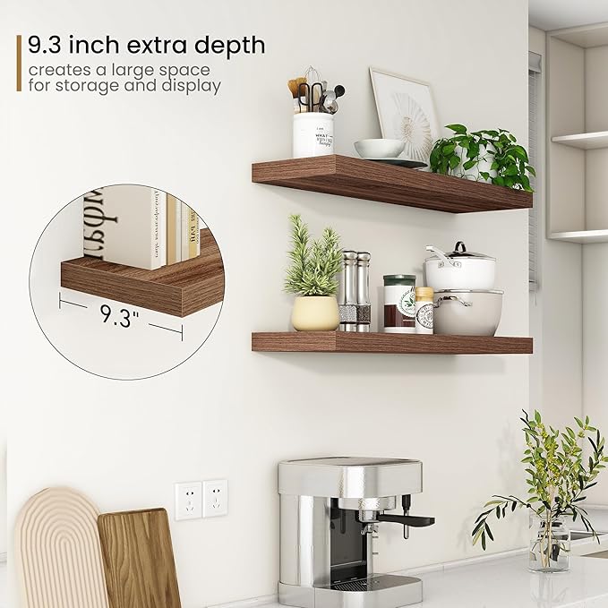 Fun Memories Floating Shelves 36 Inch Long, 9.3Inch Deep Floating Shelves for Wall, Extra Deeper & Thicker Wall Mounted Storage Shelf for Kitchen, Farmhouse, Walnut, 2 Pack