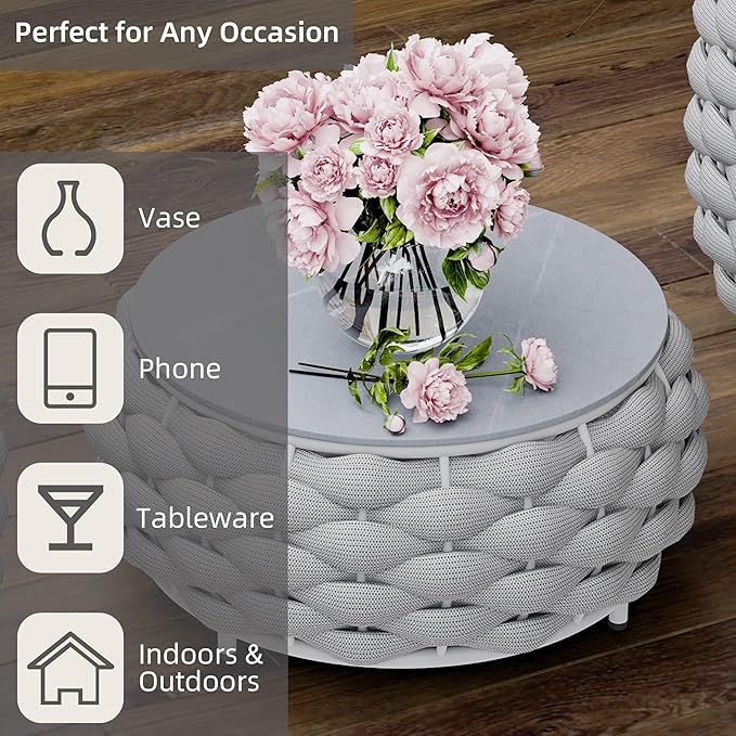 Round Coffee Table for Indoor & Outdoor Use, Aluminum Patio Furniture with Handwoven Ropes, Weather-Resistant for Garden, Terrace & Poolside (Gray)