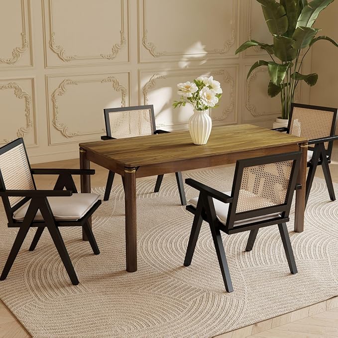 63" Dining Table for 4-6 People, Modern Farmhouse Rectangular Kitchen Table with Solid Wood Legs & Gold Trim, Large Long Dining Room Table for Living Room, Walnut