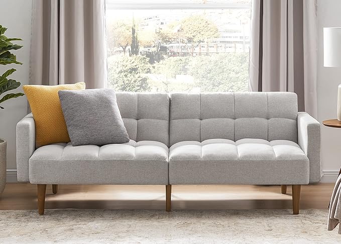 mopio Aaron 76.8" Couch, Small Futon Sofa Bed, Sleeper, Loveseat, Mid Century Modern Futon Couch, Sofa Cama, Couches for Living Room, Bedroom (Light Gray, Fabric)