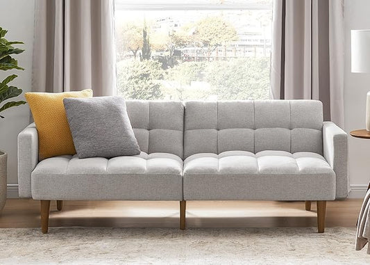 mopio Aaron 76.8" Couch, Small Futon Sofa Bed, Sleeper, Loveseat, Mid Century Modern Futon Couch, Sofa Cama, Couches for Living Room, Bedroom (Light Gray, Fabric)