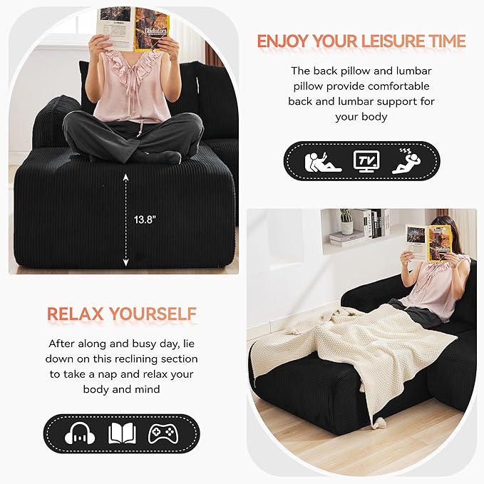 103'' Boneless Corduroy L Shaped Couch, 3 Seat Modular Sectional Deep Seat Sofa with Chaise Lounge, No Assembly Cloud Lounge Sleeper Sofa, Black