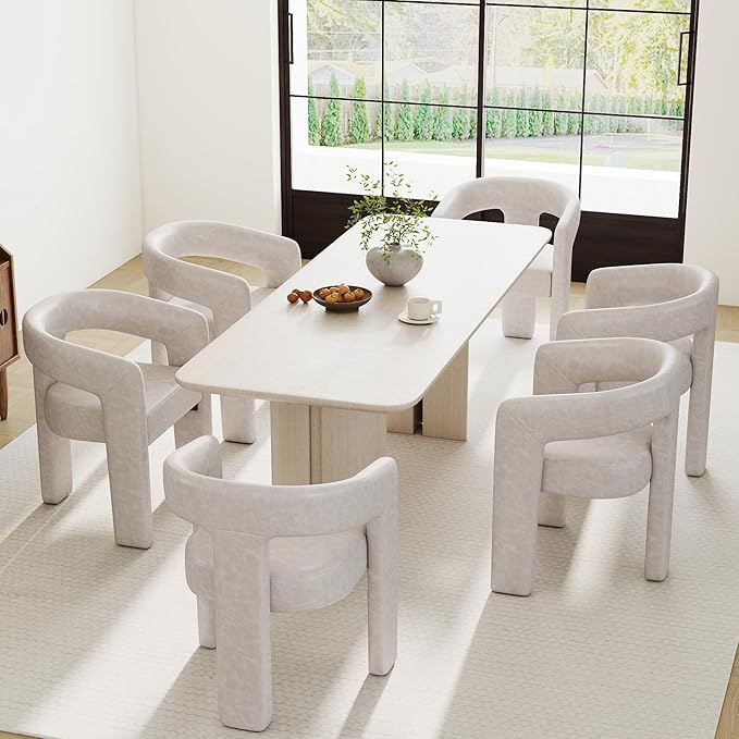 Modern Barrel Dining Chairs Set of 6, PU Leather Upholstered Accent Side Chair with Arms Comfy Makeup Vanity Chairs, Dining Living Room Kitchen Chairs, Grey