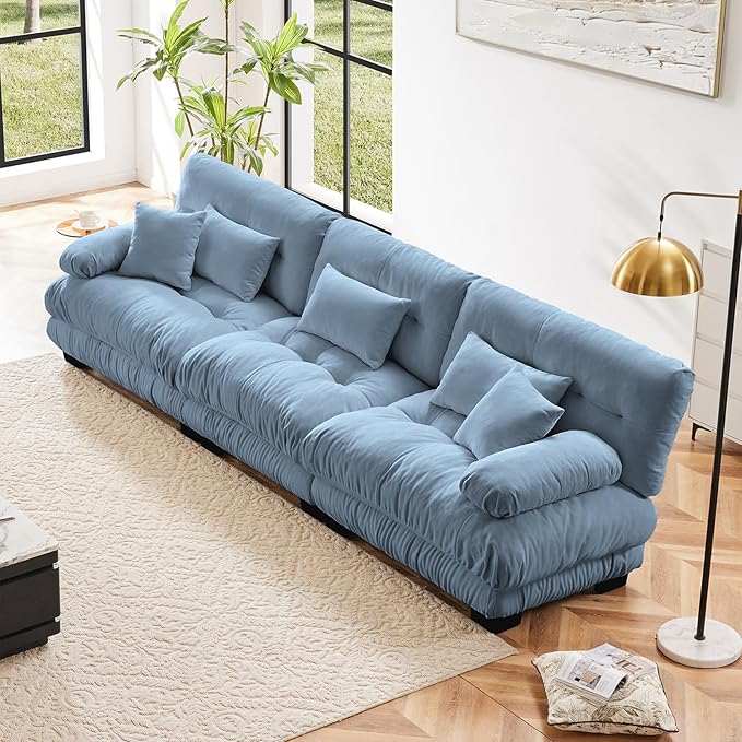 133.8" Oversized Couch, 3 Seater Modular Sectional Sofa, Blue Large Sectional Couches for Living Room, Fluffy Chenille Fabric Cloud Couch with 5 Pillows, Deep Seat Sofas