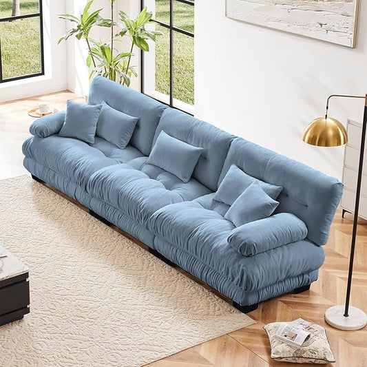133.8" Oversized Couch, 3 Seater Modular Sectional Sofa, Blue Large Sectional Couches for Living Room, Fluffy Chenille Fabric Cloud Couch with 5 Pillows, Deep Seat Sofas