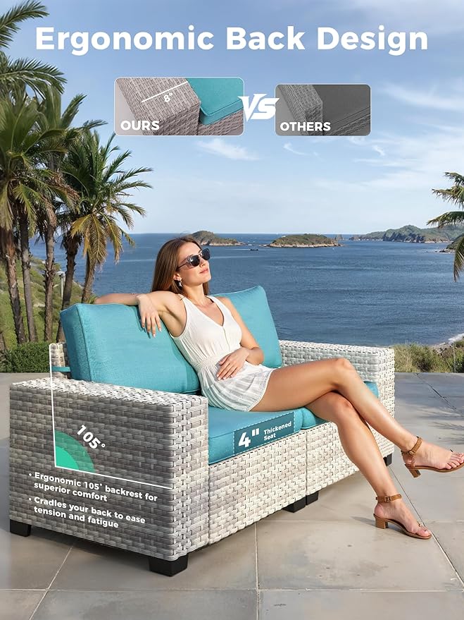 7 Piece Outdoor Wicker Rattan Sectional Sofa Set with Fire Pit Table, 5-Seats Conversation Set with 4" Thickened Cushions & Coffee Table, All-Weather PE Rattan for Garden, Backyard, Porch, Navy