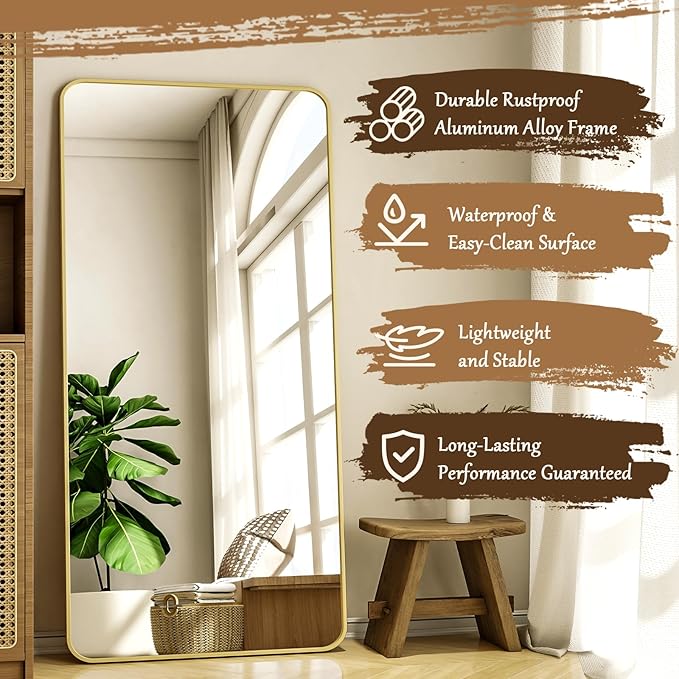 76"x34" Floor Full Length Mirror Standing Full Body Rounded Corner Rectangle Mirrors with Stand Hanging Wall Mounted Leaning Bedroom Living Room Bedroom Cloakroom,Gold