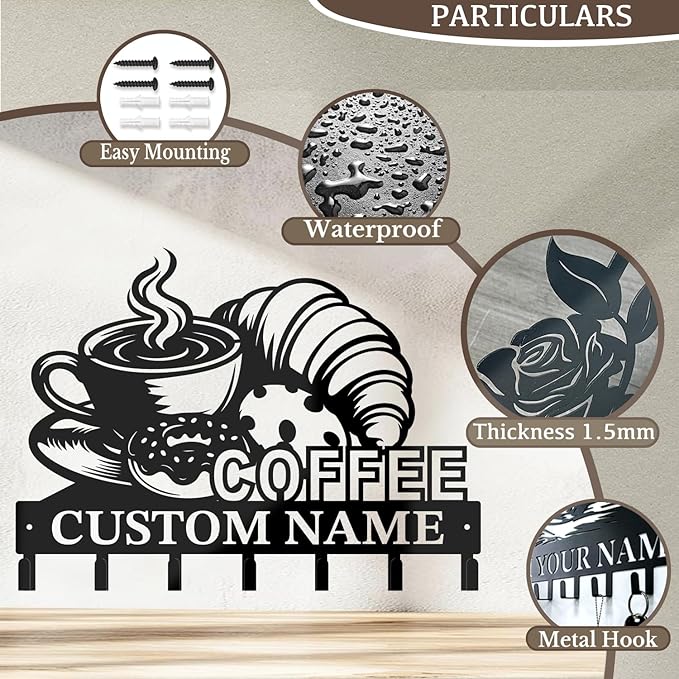 Coffee Bar Keys Holder - Metal Iron Wall Hooks with Custom Name | Personalized Home Decor & Gift Idea | Coffee-Themed Text Engraving Design (Style G)