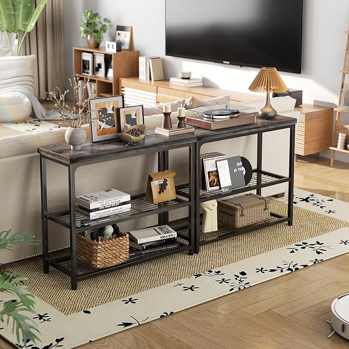 32" Small Console Table with Storage, 3-Tier Narrow Entryway Table, Sturdy Sofa Table with Mesh Shelves, Console Tables for Living Room, Bedroom, Hallway, Entryway, Foyer, Oak Grey