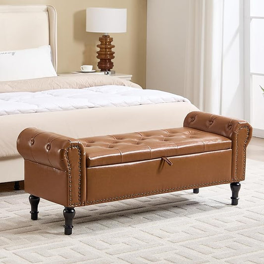 Storage Bench for Bedroom, 51" Upholstered End of Bed Bench, Faux Leather Queen Size Benches with Rolled Arms, Tufted Button Storage Long Ottoman, Living Room, Entryway, Brown