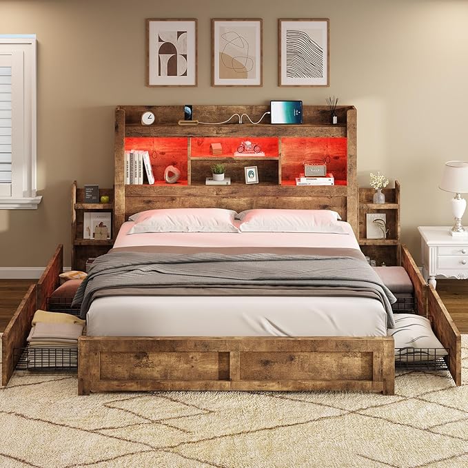 AMERLIFE Full Bed Frame with 4 Storage Drawer, LED Bed Frame with 49.6" Tall Bookcase Headboard, Wood Platform Bed with Charging Station & 2 Slide Bedside Shelf, No Box Spring Needed/Rustic Brown