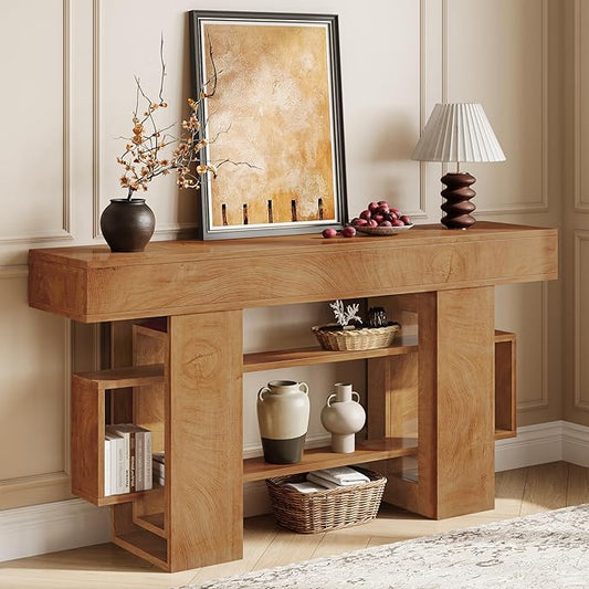 63 Inch Long Console Table for Entryway, Farmhouse Wooden Sofa Table Behind Couch with 3-Tier Storage Shelf, Narrow Entry Accent Table for Living Room, Hallway, Foyer, Natural